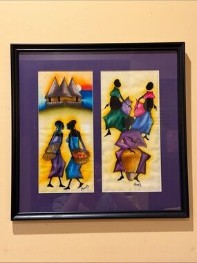 Wall Art Custom Framed Folk South African Art Panels in Purple, Blue and Yellow